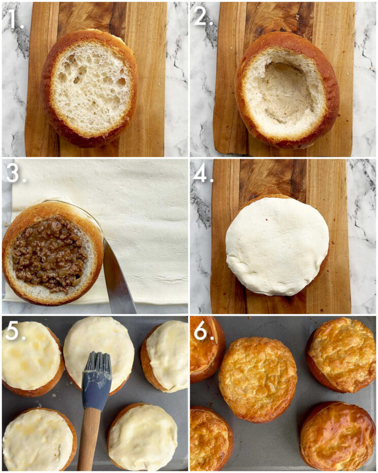 6 step by step photos showing how to make bread roll pies