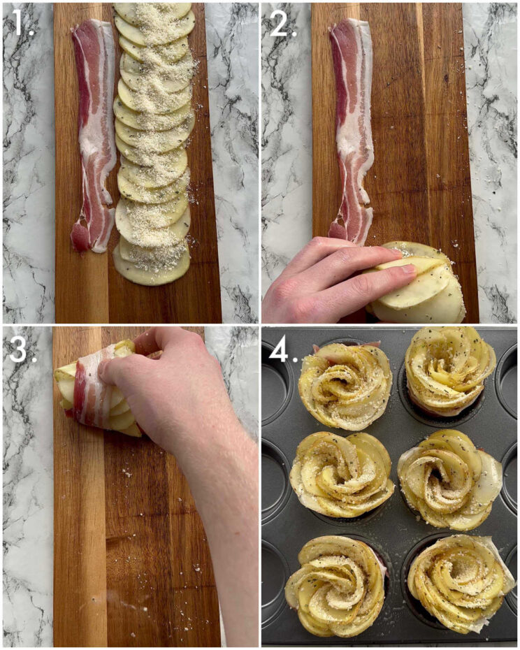 4 step by step photos showing how to make potato roses