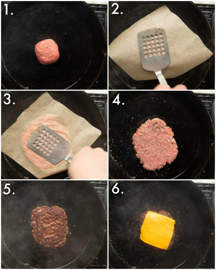 6 step by step photos showing how to make smash burgers