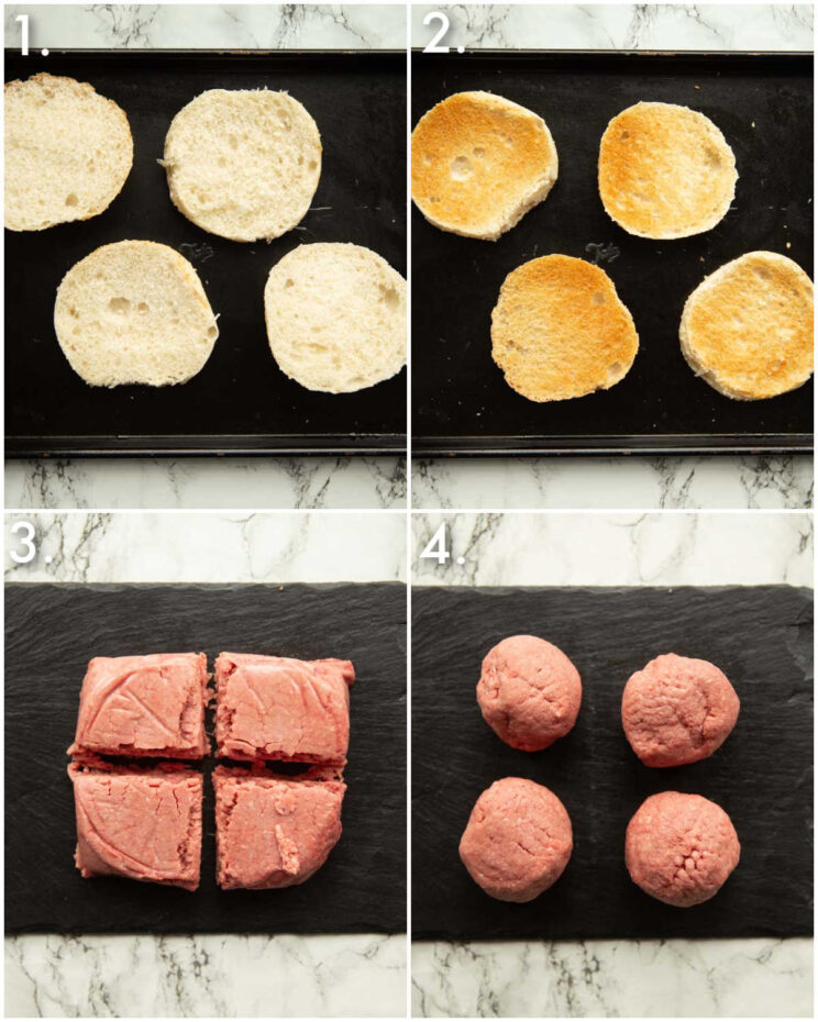 4 step by step photos showing how to prepare smash burgers