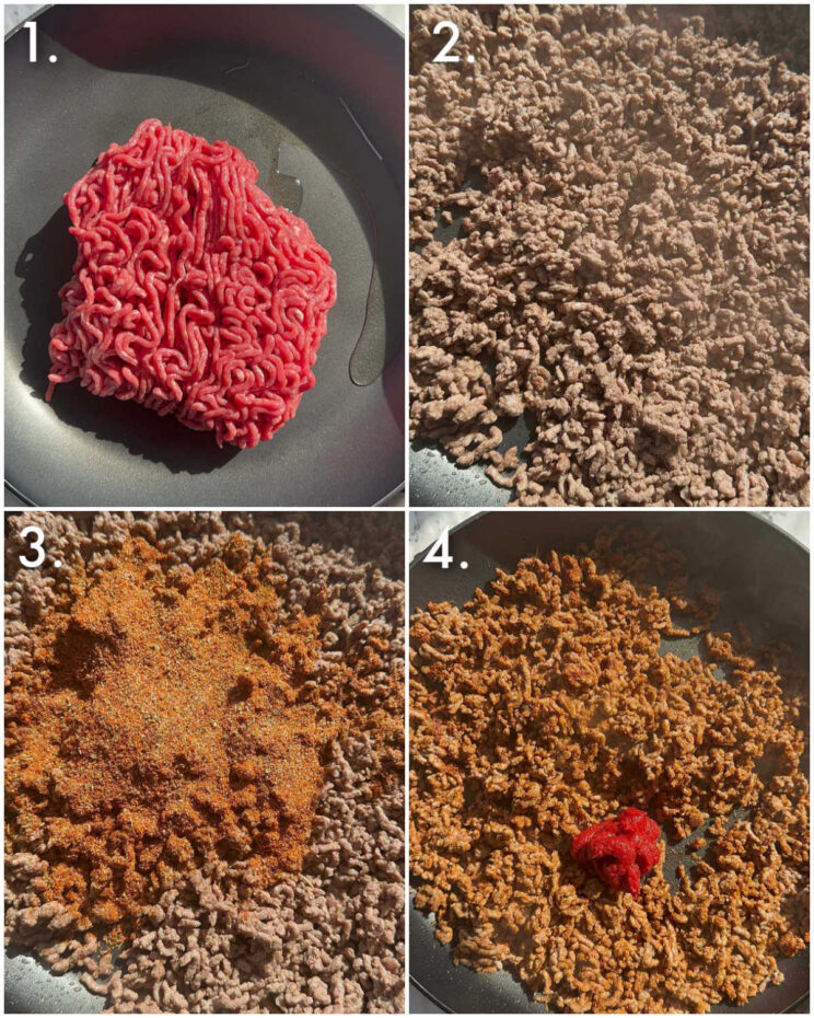 4 step by step photos showing how to make beef taco meat