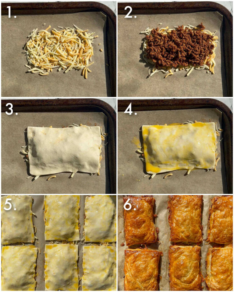 6 step by step photos showing how to make upside down puff pastry tacos
