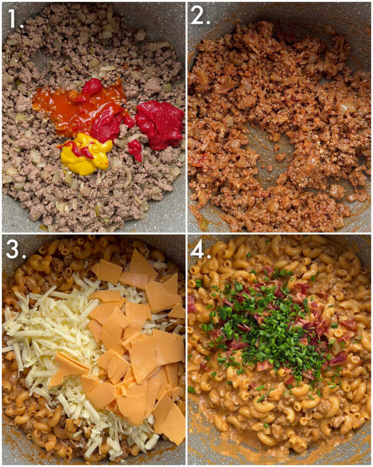 4 step by step photos showing how to make hamburger helper