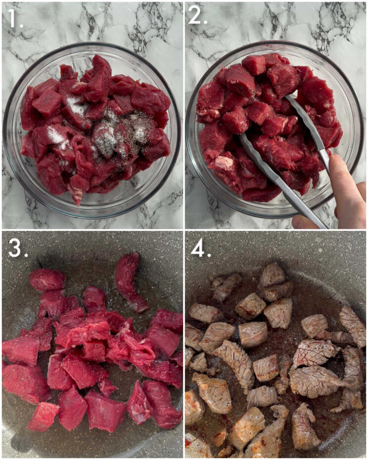 4 step by step photos showing how to fry steak for a pie