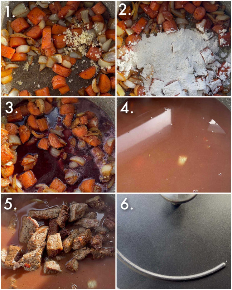 6 step by step photos showing how to make steak pie filling