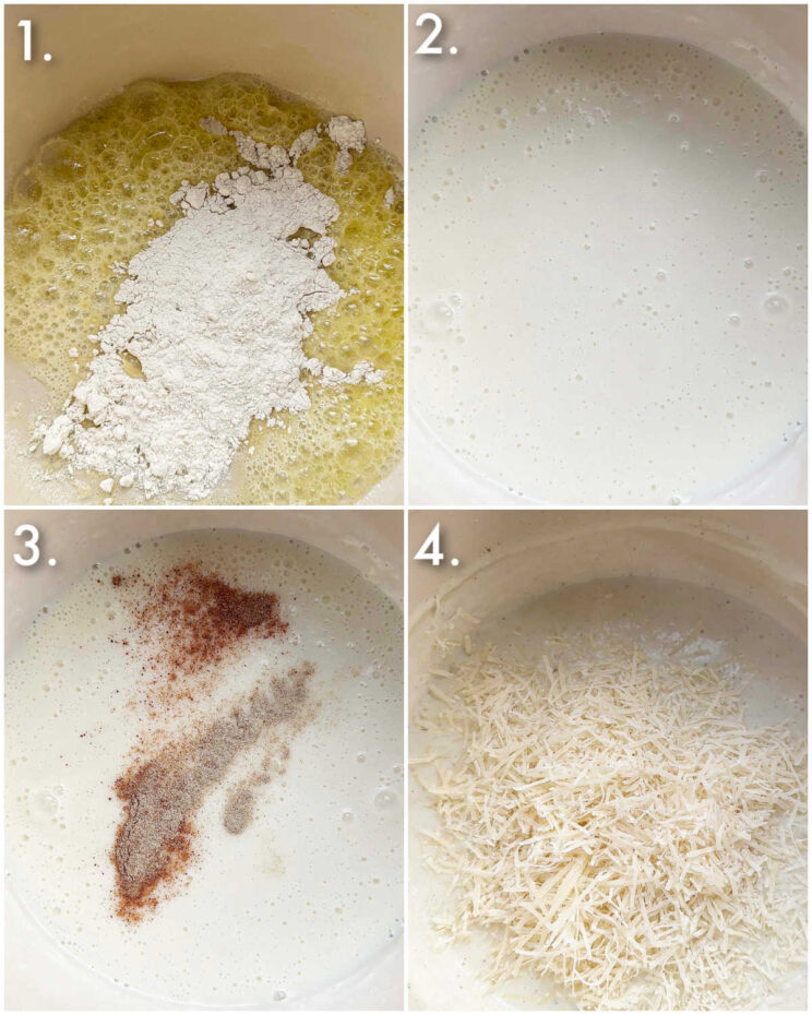 4 step by step photos showing how to make bechamel sauce