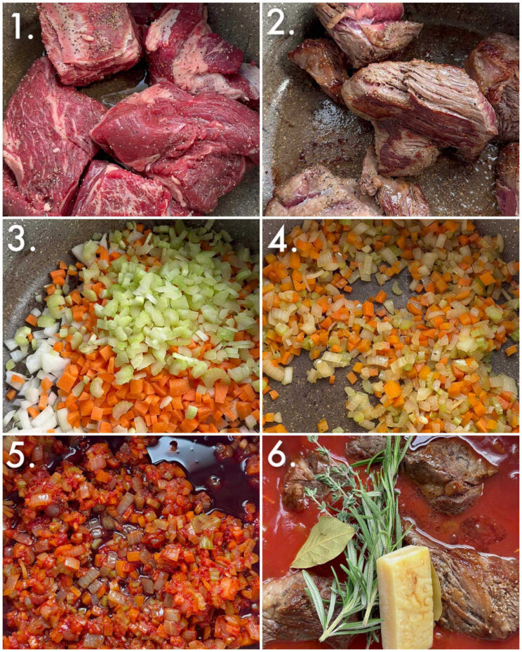 6 step by step photos showing how to make beef ragu