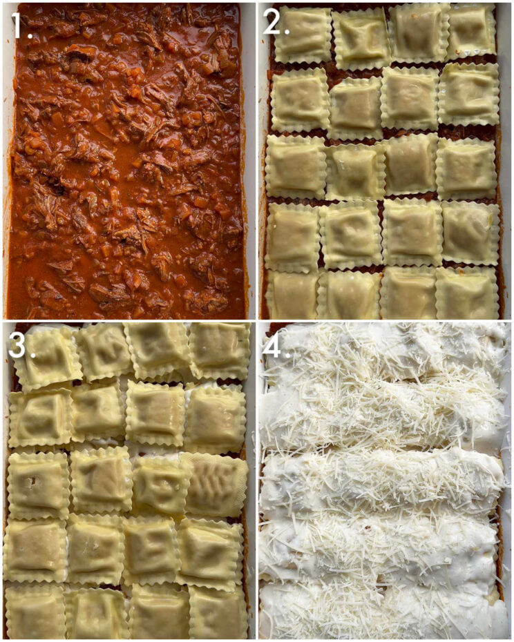 4 step by step photos showing how to make beef ravioli bake
