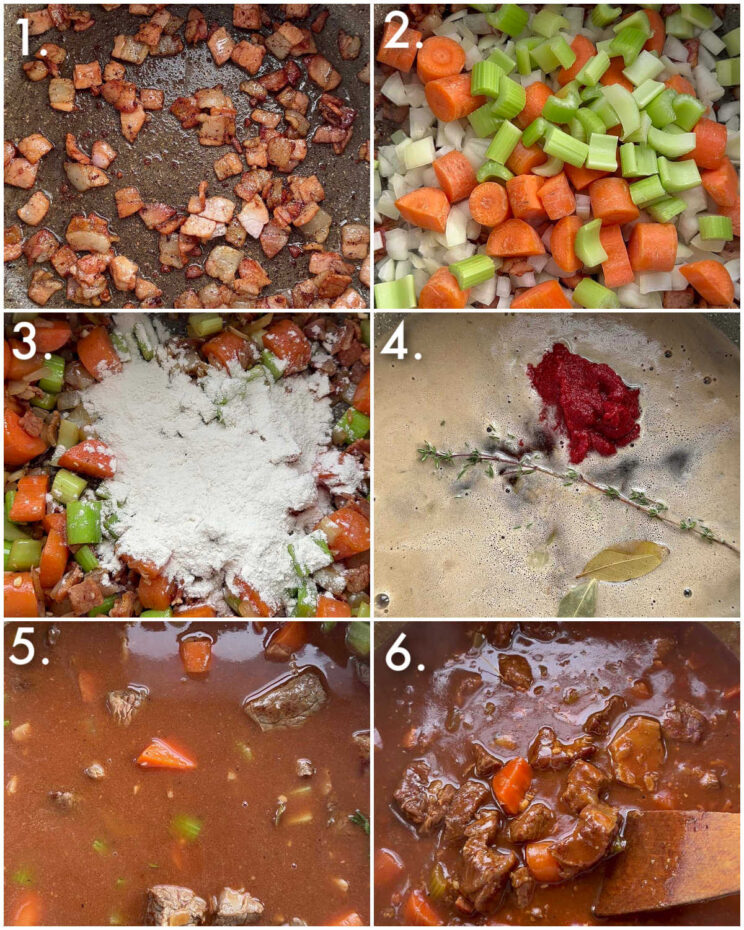 6 step by step photos showing how to make beef Guinness pie filling