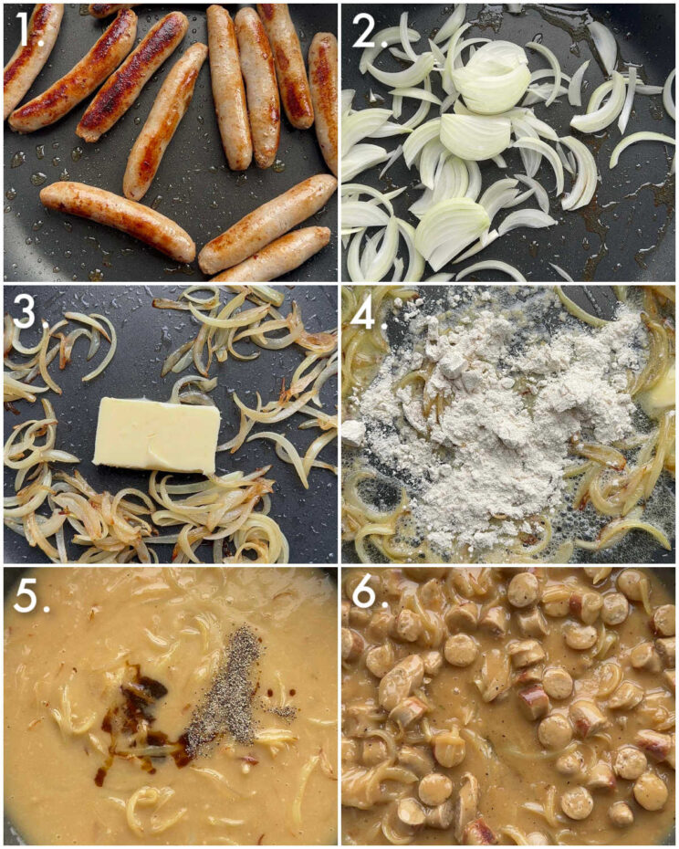 6 step by step photos showing how to make sausage and onion gravy