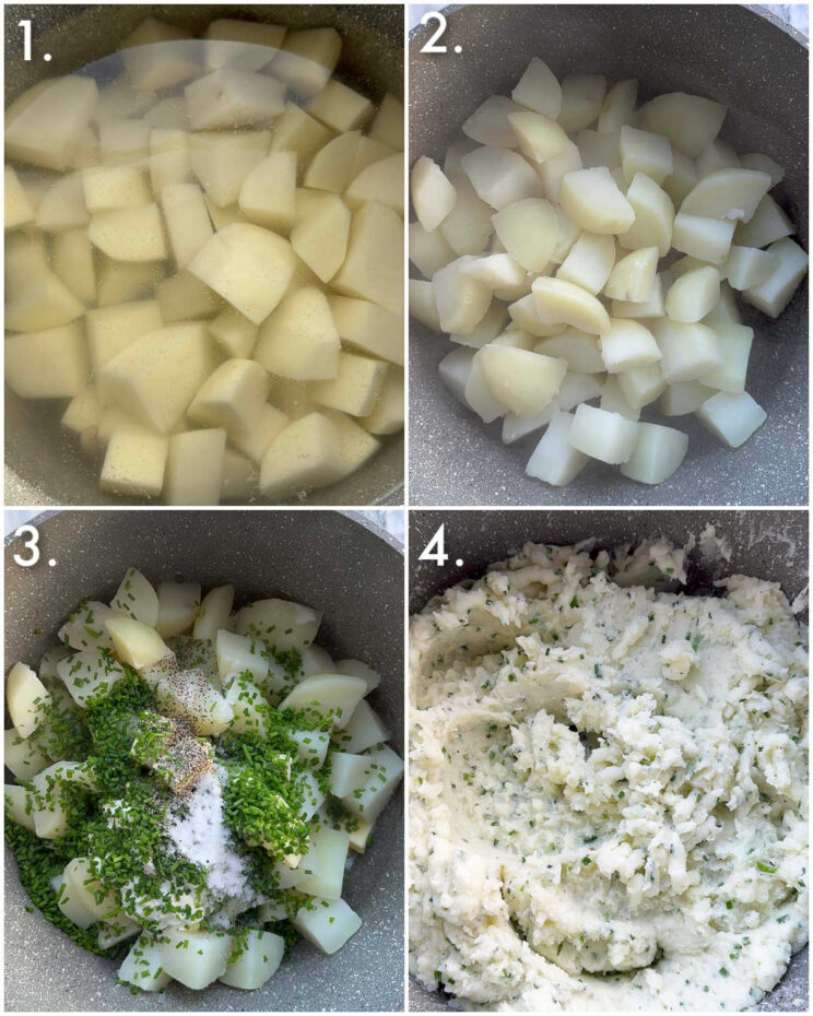4 step by step photos showing how to make sour cream chive mash