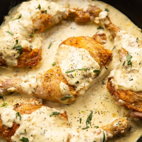 creamy mustard chicken served in large cast-iron pan garnished with tarragon