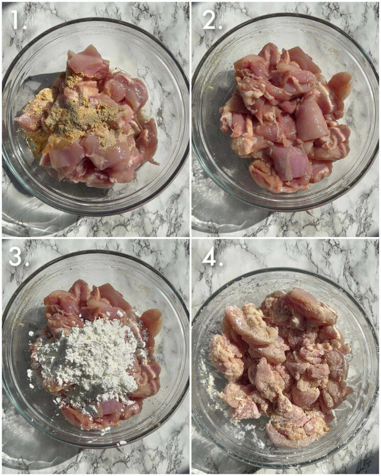 4 step by step photos showing how to coat chicken in cornflour