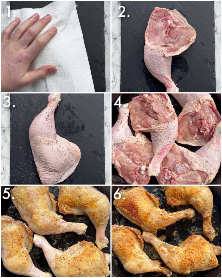 6 step by step photos showing how to cook chicken legs