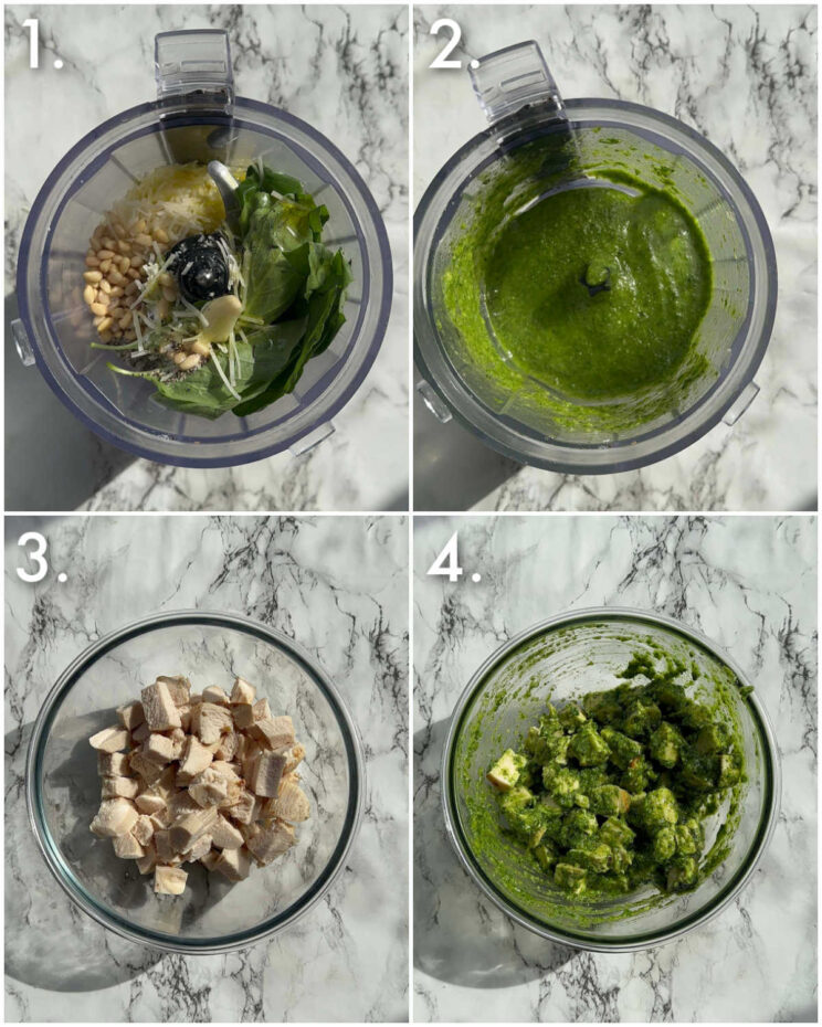 4 step by step photos showing how to make chicken pesto
