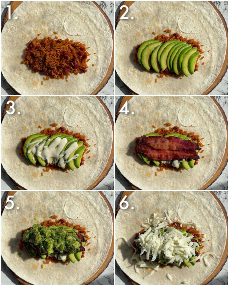6 step by step photos showing how to make chicken pesto wraps
