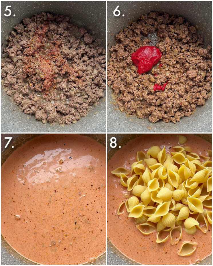 4 step by step photos showing how to make creamy beef shells