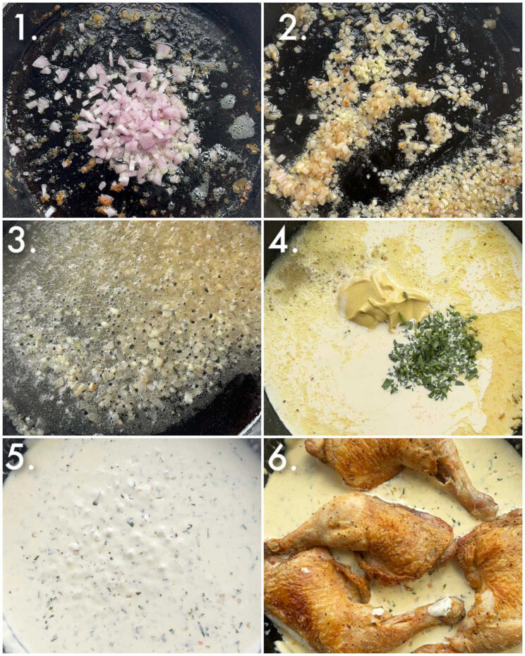 6 step by step photos showing how to make creamy mustard chicken