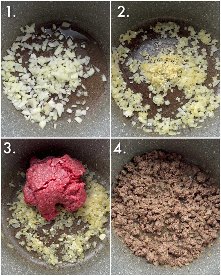 4 step by step photos showing how to make minced beef pasta