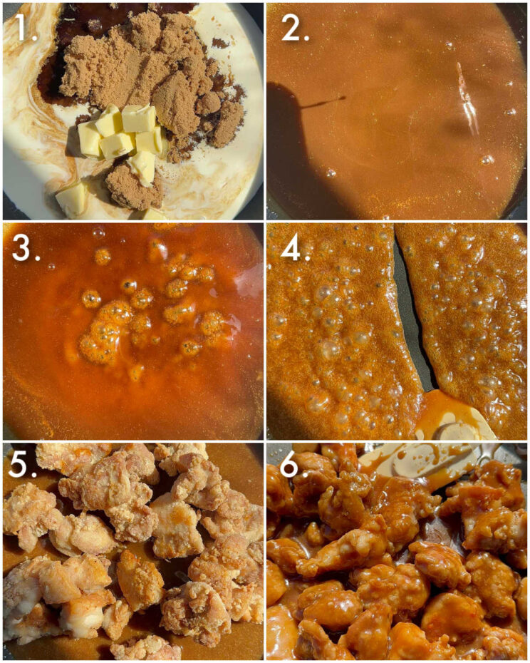 6 step by step photos showing how to make salted caramel chicken