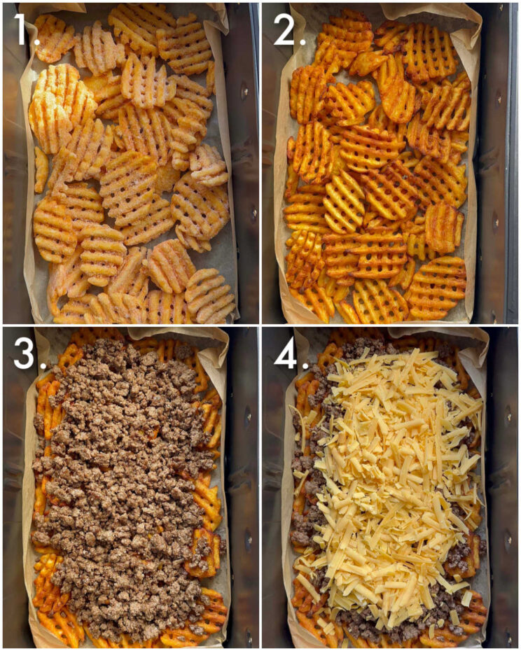 4 step by step photos showing how to make loaded waffle fries